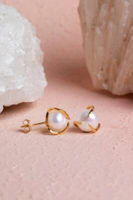 İnci Altın Kaplama Doğal Taş Küpe - 5