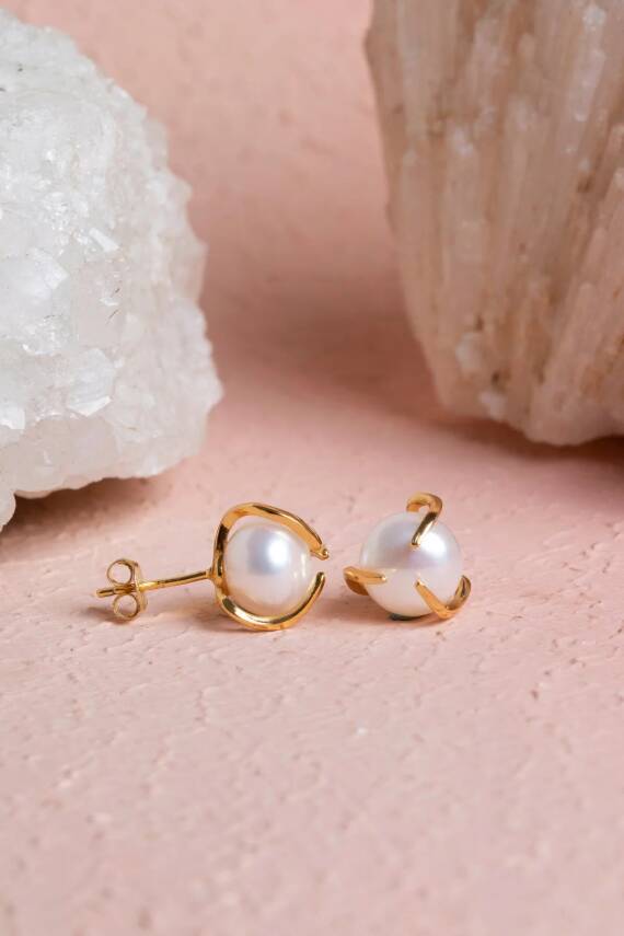 İnci Altın Kaplama Doğal Taş Küpe - 5