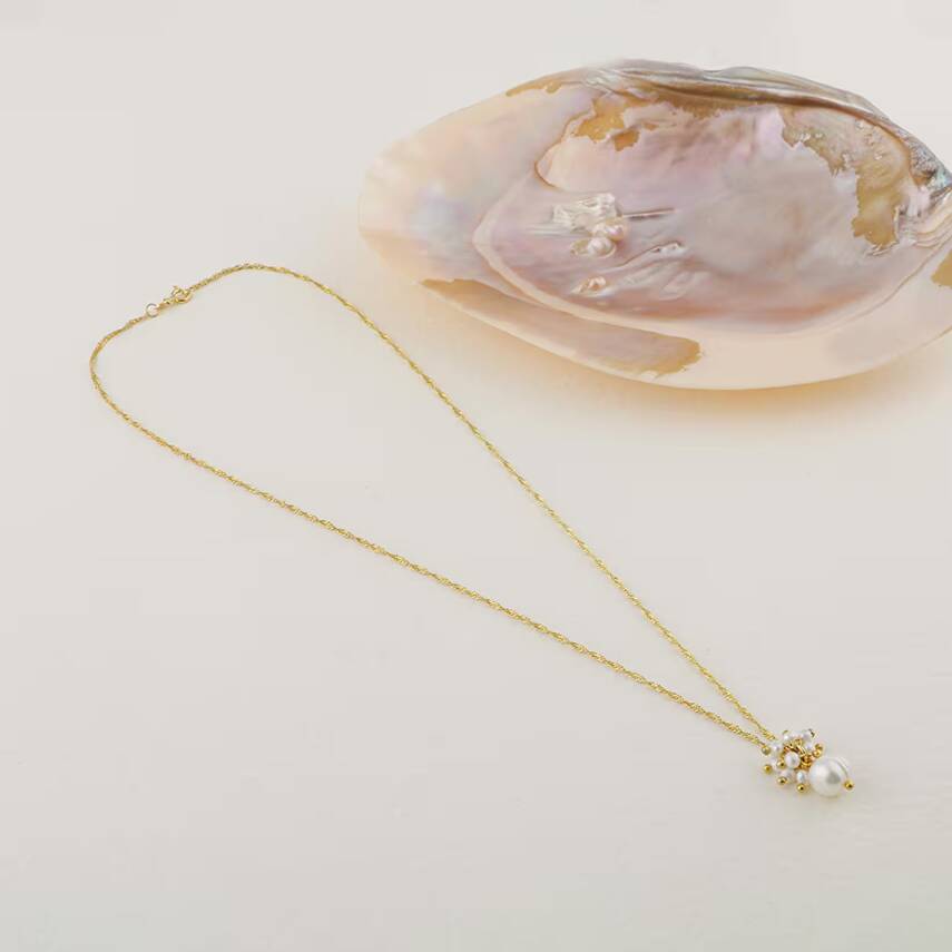 İnci Altın Kaplama Zincir Doğal Taş Kolye - 1