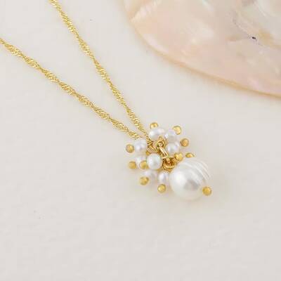 İnci Altın Kaplama Zincir Doğal Taş Kolye - 3