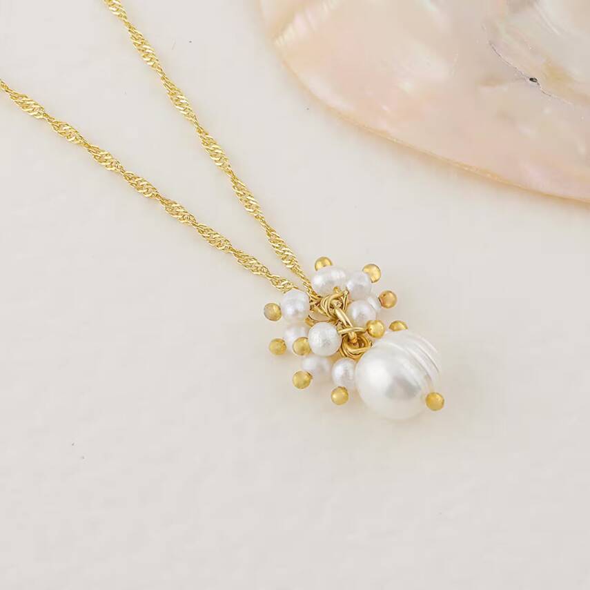 İnci Altın Kaplama Zincir Doğal Taş Kolye - 3