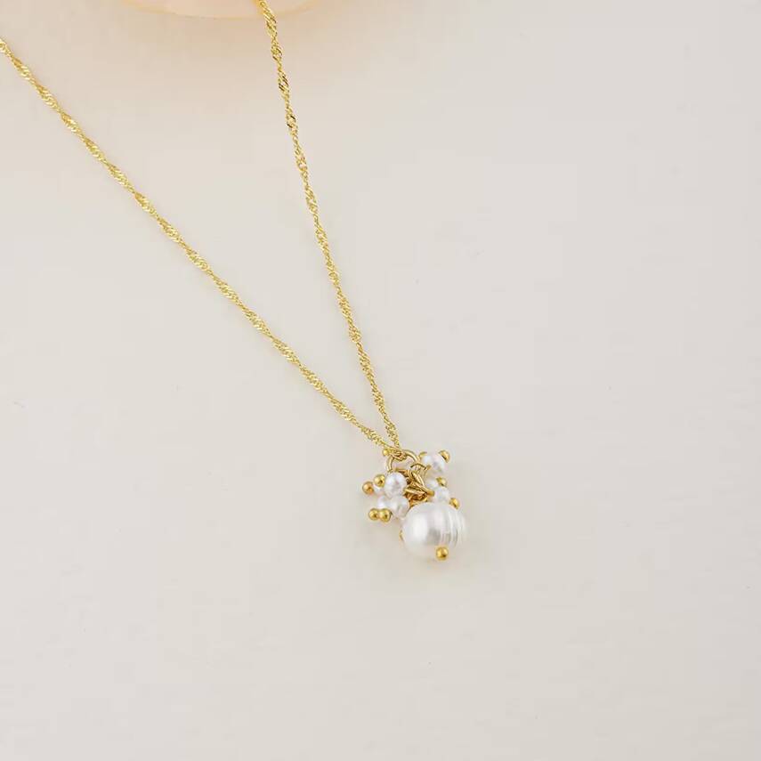 İnci Altın Kaplama Zincir Doğal Taş Kolye - 4