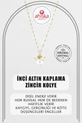 İnci Altın Kaplama Zincir Doğal Taş Kolye - 1