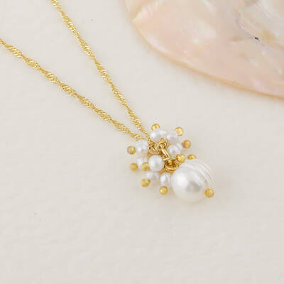 İnci Altın Kaplama Zincir Doğal Taş Kolye - 4