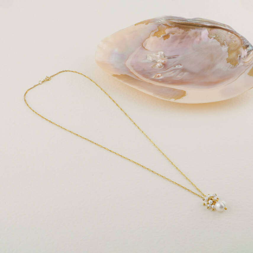 İnci Altın Kaplama Zincir Doğal Taş Kolye - 5