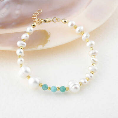 İnci-Amazonit Doğal Taş Altın Kaplama Kapama Bileklik - Osmanlı Doğaltaş