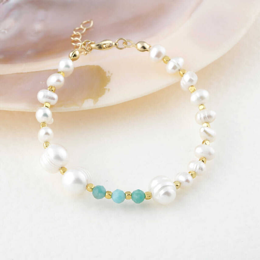 İnci-Amazonit Doğal Taş Altın Kaplama Kapama Bileklik - 1