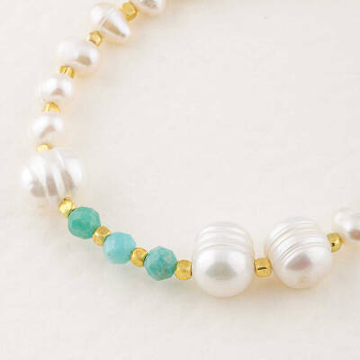 İnci-Amazonit Doğal Taş Altın Kaplama Kapama Bileklik - 2