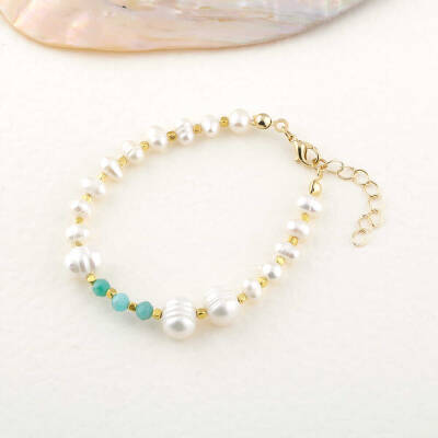 İnci-Amazonit Doğal Taş Altın Kaplama Kapama Bileklik - 3