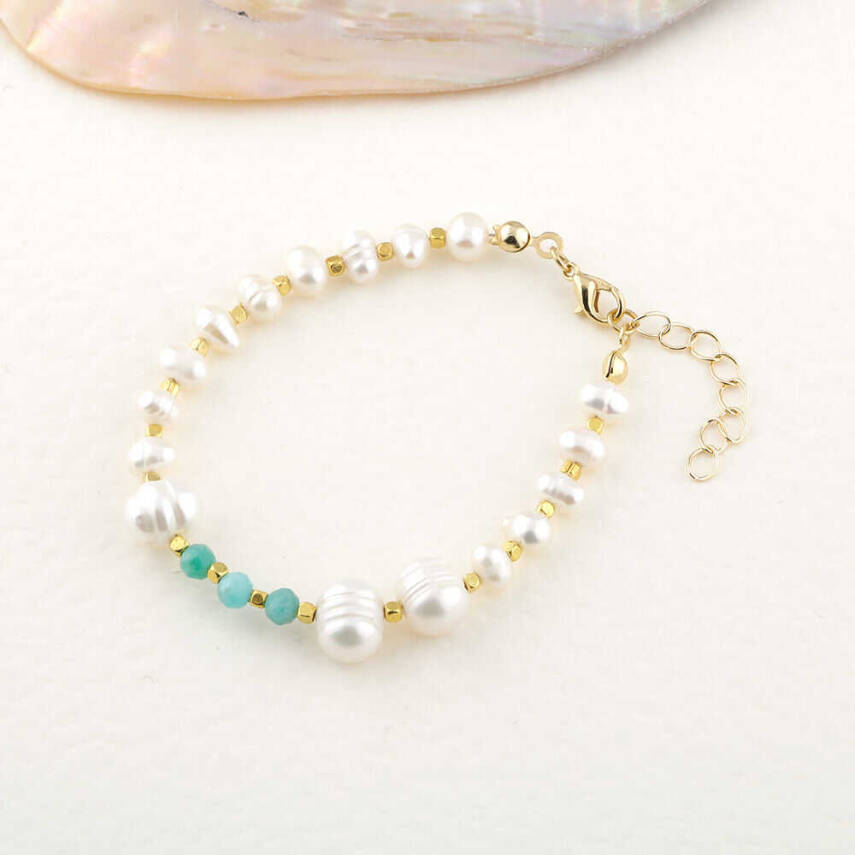 İnci-Amazonit Doğal Taş Altın Kaplama Kapama Bileklik - 3