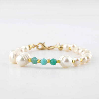 İnci-Amazonit Doğal Taş Altın Kaplama Kapama Bileklik - 4