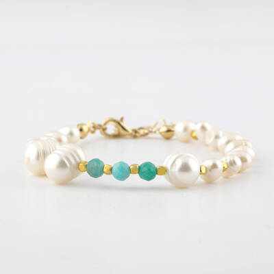 İnci-Amazonit Doğal Taş Altın Kaplama Kapama Bileklik - Osmanlı Doğaltaş