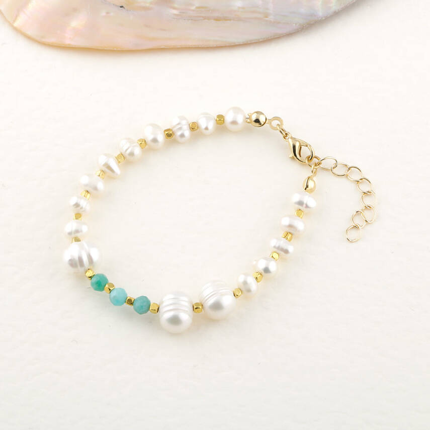 İnci-Amazonit Doğal Taş Altın Kaplama Kapama Bileklik - 2