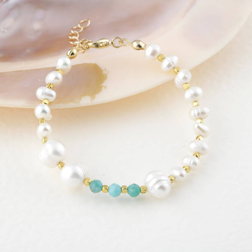 İnci-Amazonit Doğal Taş Altın Kaplama Kapama Bileklik - 4