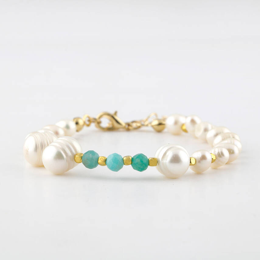 İnci-Amazonit Doğal Taş Altın Kaplama Kapama Bileklik - 5
