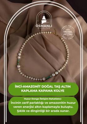 İnci-Amazonit Doğal Taş Altın Kaplama Kapama Kolye - 2