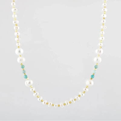 İnci-Amazonit Doğal Taş Altın Kaplama Kapama Kolye - 3