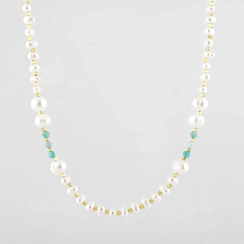 İnci-Amazonit Doğal Taş Altın Kaplama Kapama Kolye - 3