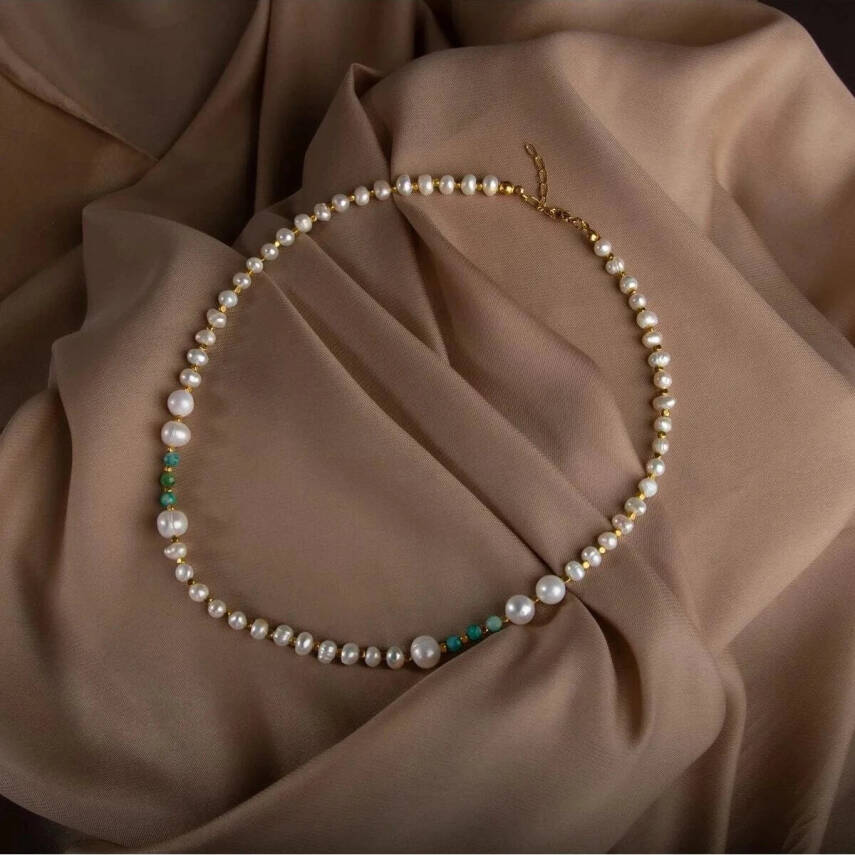 İnci-Amazonit Doğal Taş Altın Kaplama Kapama Kolye - 4