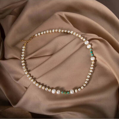 İnci-Amazonit Doğal Taş Altın Kaplama Kapama Kolye - 5