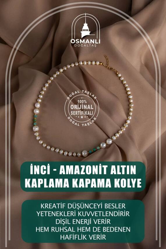 İnci-Amazonit Doğal Taş Altın Kaplama Kapama Kolye - 1