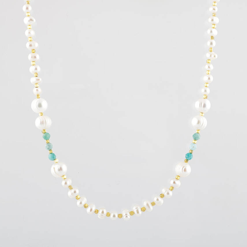 İnci-Amazonit Doğal Taş Altın Kaplama Kapama Kolye - 2