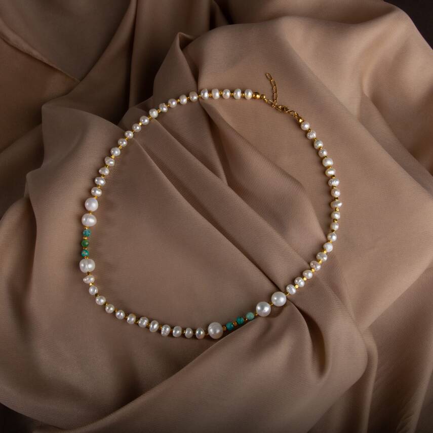 İnci-Amazonit Doğal Taş Altın Kaplama Kapama Kolye - 3