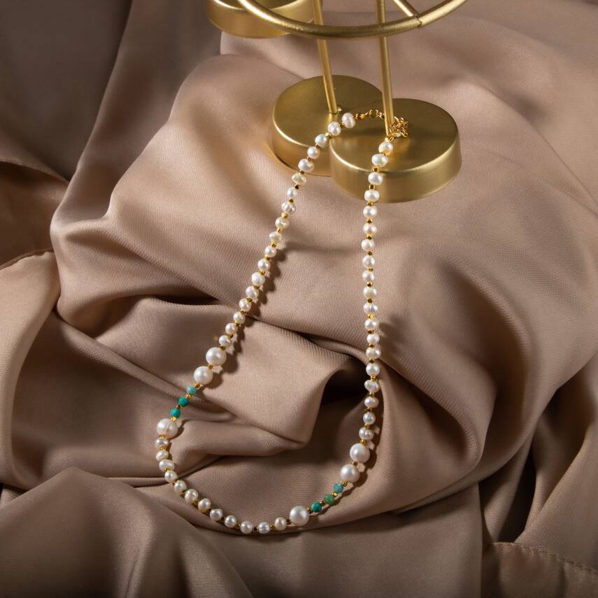 İnci-Amazonit Doğal Taş Altın Kaplama Kapama Kolye - 4