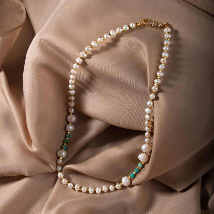 İnci-Amazonit Doğal Taş Altın Kaplama Kapama Kolye - 5