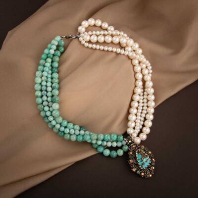 İnci-Amazonit Doğal Taş El İşlemesi Koleksiyon Turkuaz Kolye - 45cm - Osmanlı Doğaltaş