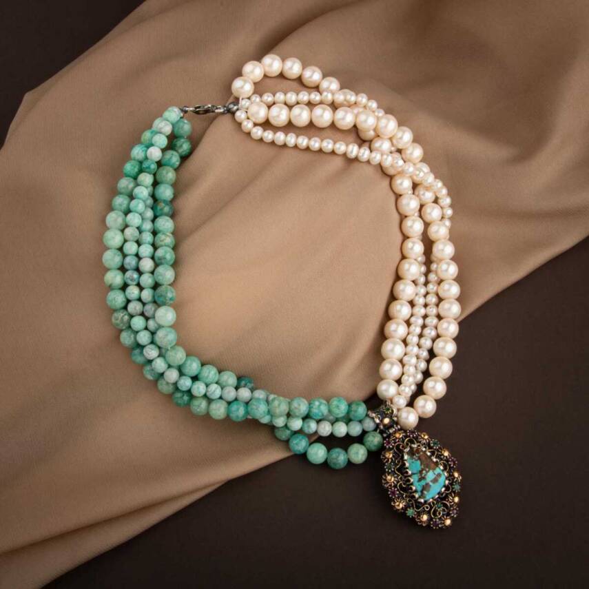 İnci-Amazonit Doğal Taş El İşlemesi Koleksiyon Turkuaz Kolye - 45cm - 1