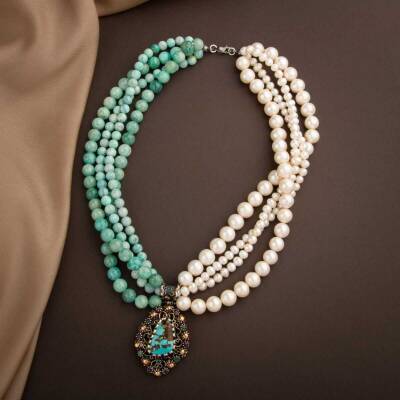 İnci-Amazonit Doğal Taş El İşlemesi Koleksiyon Turkuaz Kolye - 45cm - 2