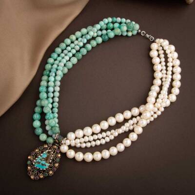 İnci-Amazonit Doğal Taş El İşlemesi Koleksiyon Turkuaz Kolye - 45cm - 3