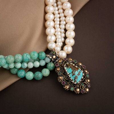 İnci-Amazonit Doğal Taş El İşlemesi Koleksiyon Turkuaz Kolye - 45cm - 4