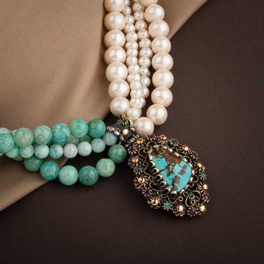 İnci-Amazonit Doğal Taş El İşlemesi Koleksiyon Turkuaz Kolye - 45cm - 4