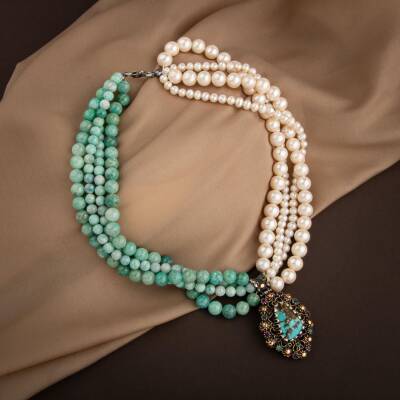 İnci-Amazonit Doğal Taş El İşlemesi Koleksiyon Turkuaz Kolye - 45cm - Osmanlı Doğaltaş