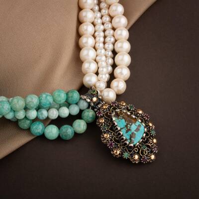 İnci-Amazonit Doğal Taş El İşlemesi Koleksiyon Turkuaz Kolye - 45cm - 2