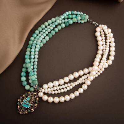 İnci-Amazonit Doğal Taş El İşlemesi Koleksiyon Turkuaz Kolye - 45cm - 3