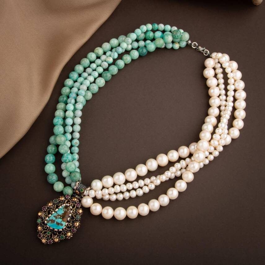 İnci-Amazonit Doğal Taş El İşlemesi Koleksiyon Turkuaz Kolye - 45cm - 3