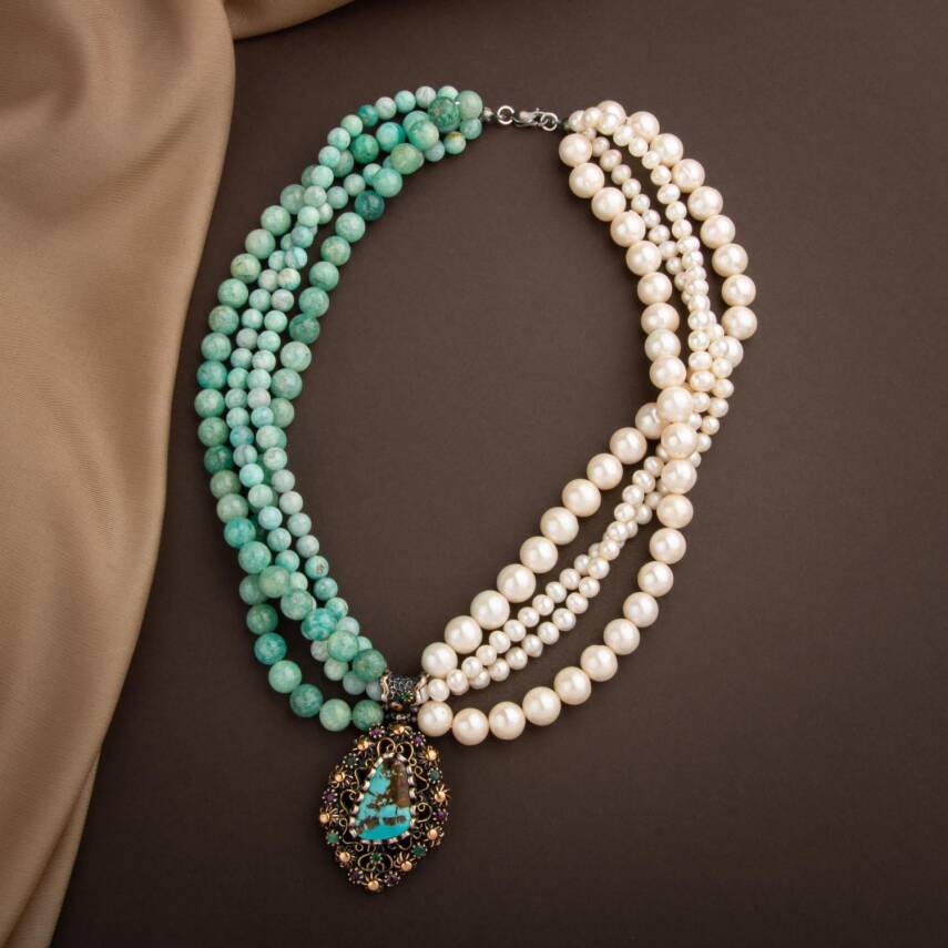 İnci-Amazonit Doğal Taş El İşlemesi Koleksiyon Turkuaz Kolye - 45cm - 4