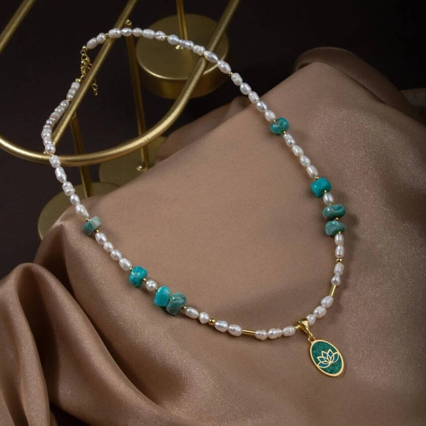 İnci-Amazonit Doğal Taş Gümüş Kolye - 1