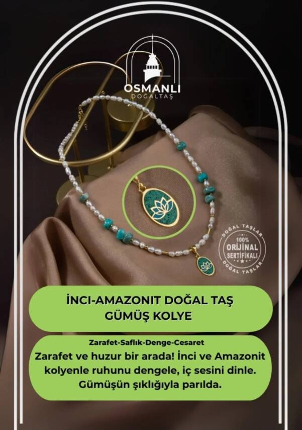 İnci-Amazonit Doğal Taş Gümüş Kolye - 2