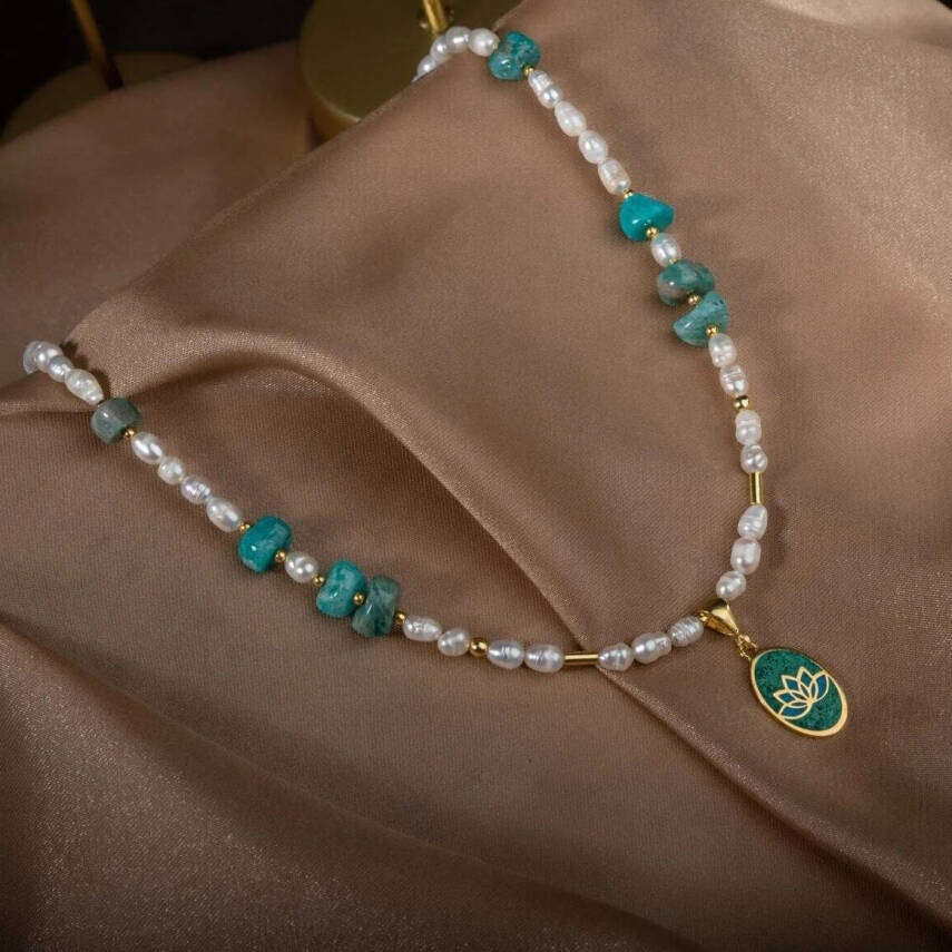 İnci-Amazonit Doğal Taş Gümüş Kolye - 3