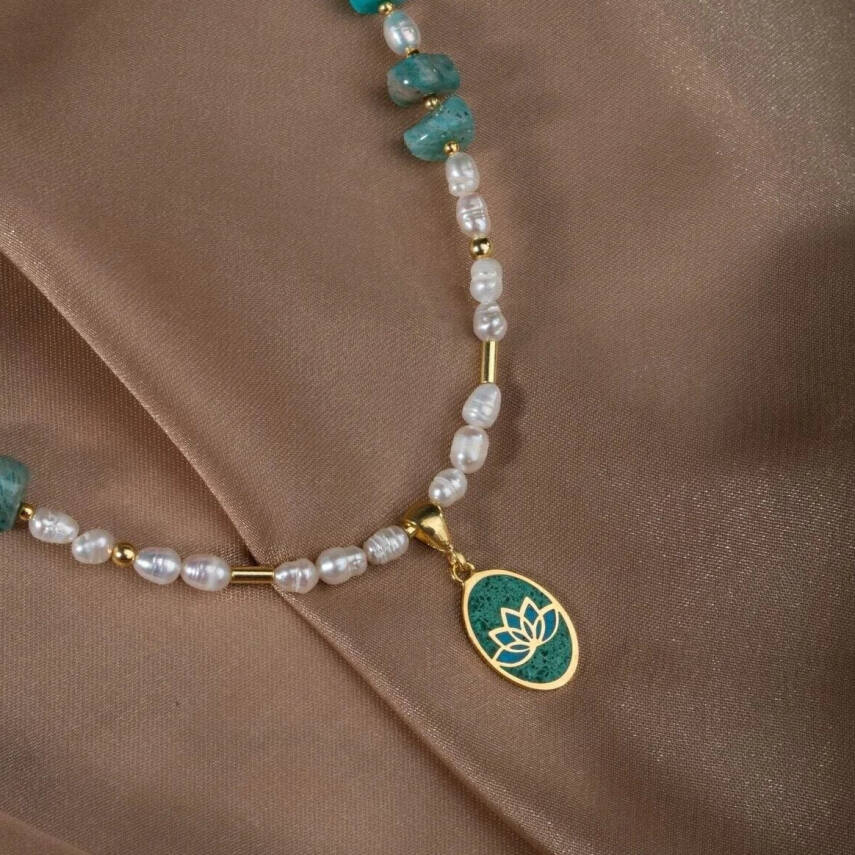 İnci-Amazonit Doğal Taş Gümüş Kolye - 4