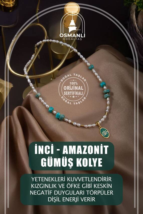 İnci-Amazonit Doğal Taş Gümüş Kolye - 1