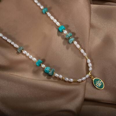 İnci-Amazonit Doğal Taş Gümüş Kolye - 2