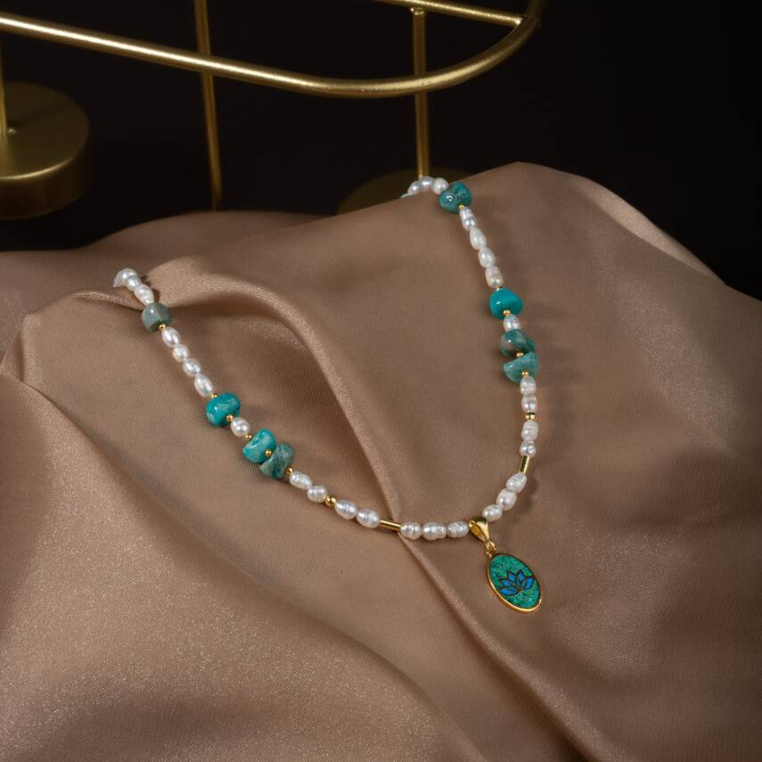 İnci-Amazonit Doğal Taş Gümüş Kolye - 3