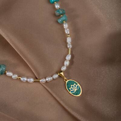 İnci-Amazonit Doğal Taş Gümüş Kolye - 5