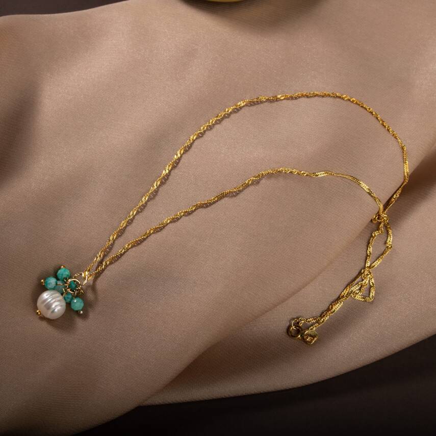 İnci-Amazonit Doğal Taş Gümüş Kolye - 7