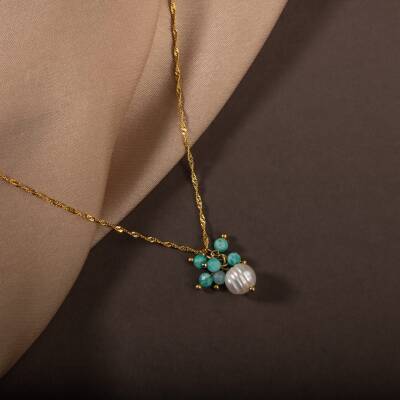 İnci-Amazonit Doğal Taş Gümüş Kolye - 8